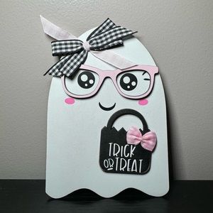 Mini Pink, White, & Black Trick Or Treat Ghost W/ Glasses Halloween Sign Decor